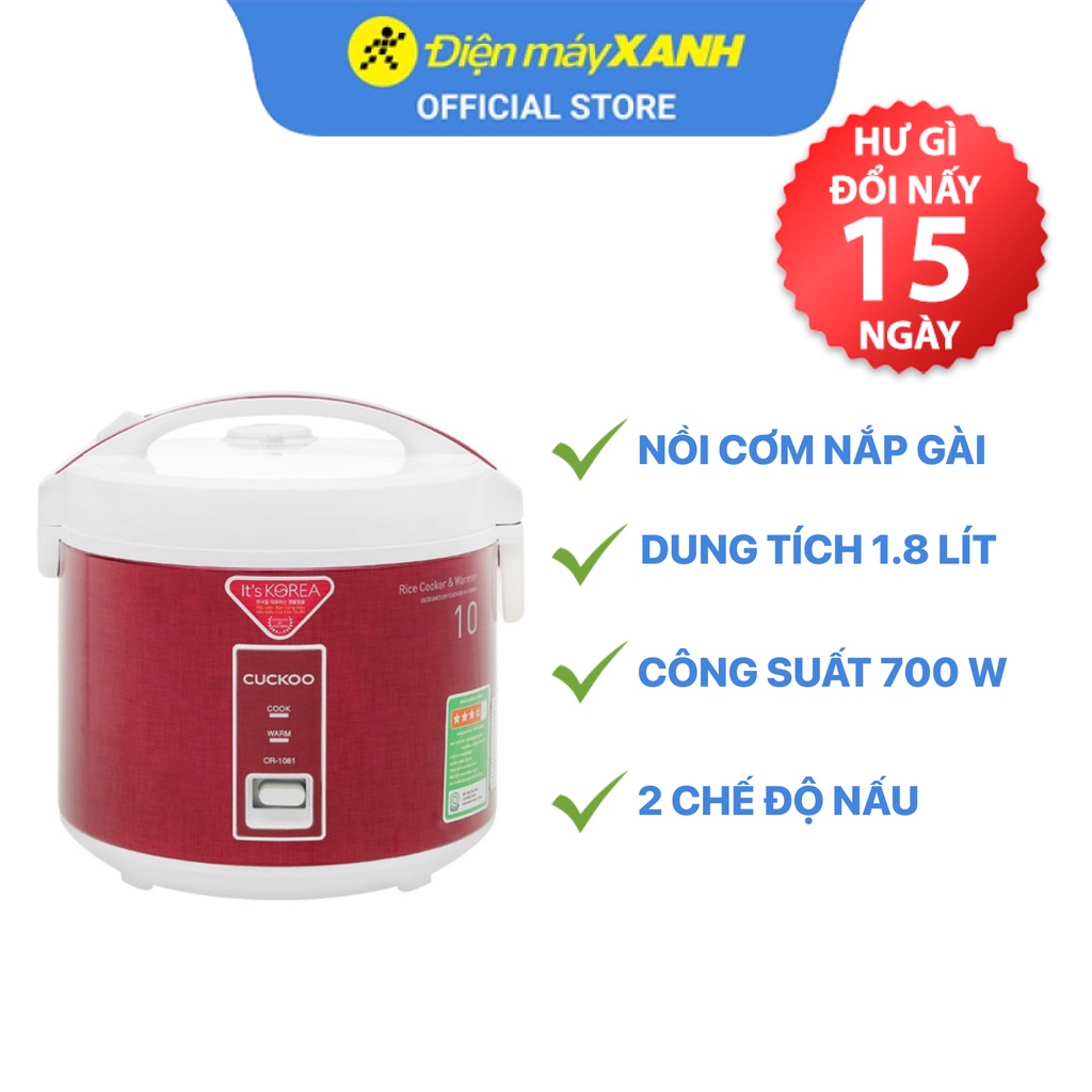 Nồi cơm điện nắp gài Cuckoo CR-1081 1.8 lít  700 W lòng nồi chống dính - Chính hãng BH 24 tháng