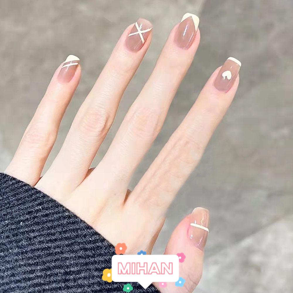 Bộ 24 Móng Tay Giả Đầu Vuông/Vuông Đính Kim Tuyến Lấp Lánh Che Phủ Toàn Diện