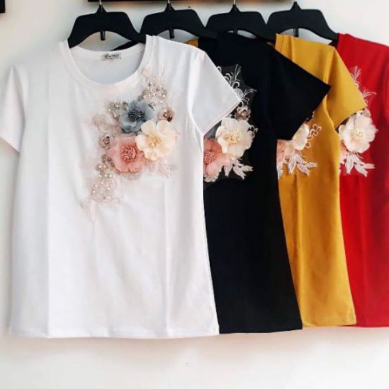 Áo thun nữ thiết kế tay ngắn đính hoa nổi chất vải cotton 100%  có giãn nhẹ mặc mát