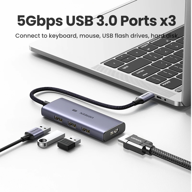 Bộ chuyển USB-C to HDMI 2.1 kèm Hub USB 3.0 Cao Cấp Ugreen 50629 CM500 Chính Hãng (HDMI 4k@120Hz 8K@30Hz)