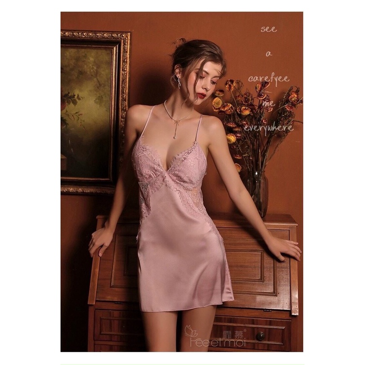 Đầm ngủ 2 dây cúp ngực dáng suông liền thân chất lụa phối ren mềm mịn, thoáng mát NG025 - NoGi Sleepwear