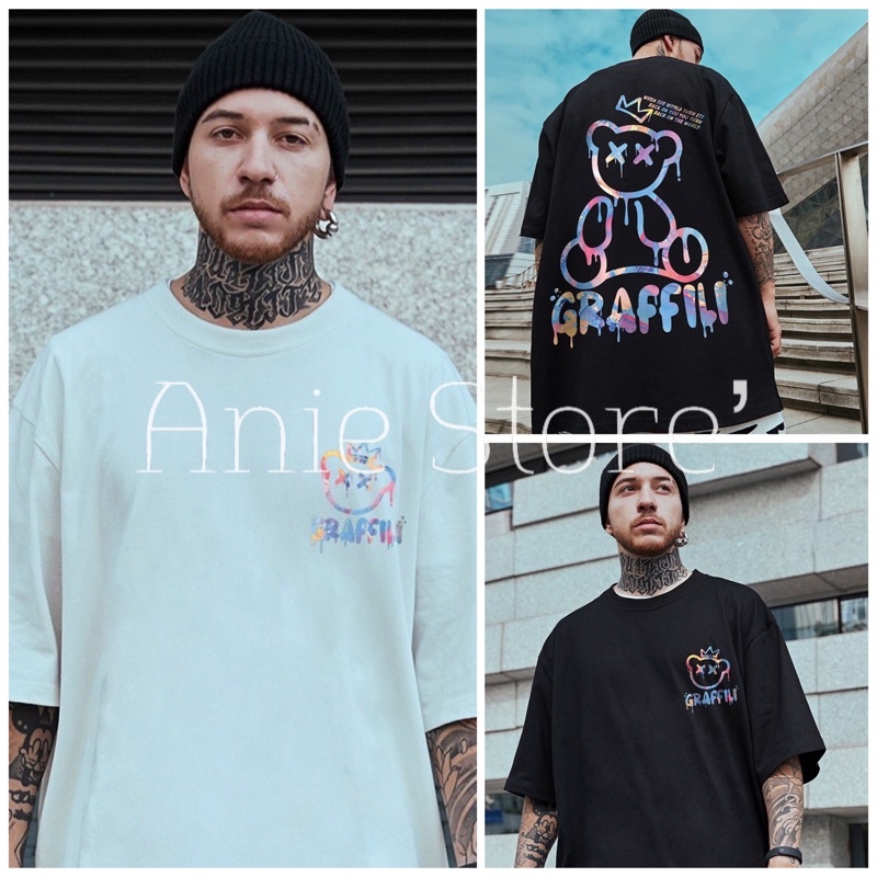 Áo Phông Gấu GRAFFITI Unisex Dáng Rộng 🦋 Áo Thun Nam Nữ Cộc Tay Form Thụng In Hình 2 Màu 🦋
