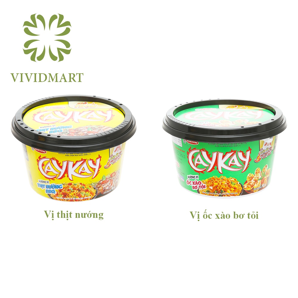 MÌ TÔ TRỘN CAYKAY 2 VỊ: CAY CAY THỊT NƯỚNG BBQ VÀ CAY KAY ỐC XÀO BƠ TỎI – HỘP CAYCAY 93g – ACECOOK