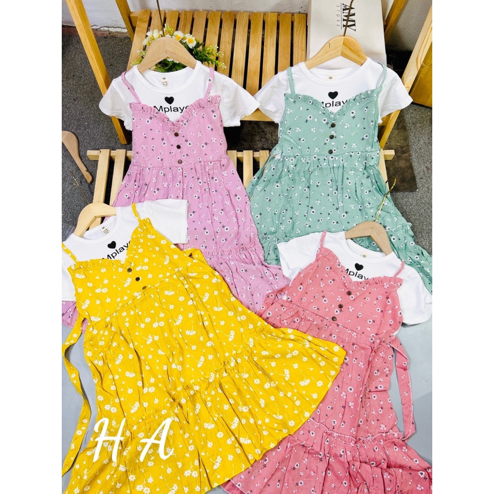 Váy bé gái 2 dây kèm áo thun trắng dáng dài size Đại 20-35kg XHN839