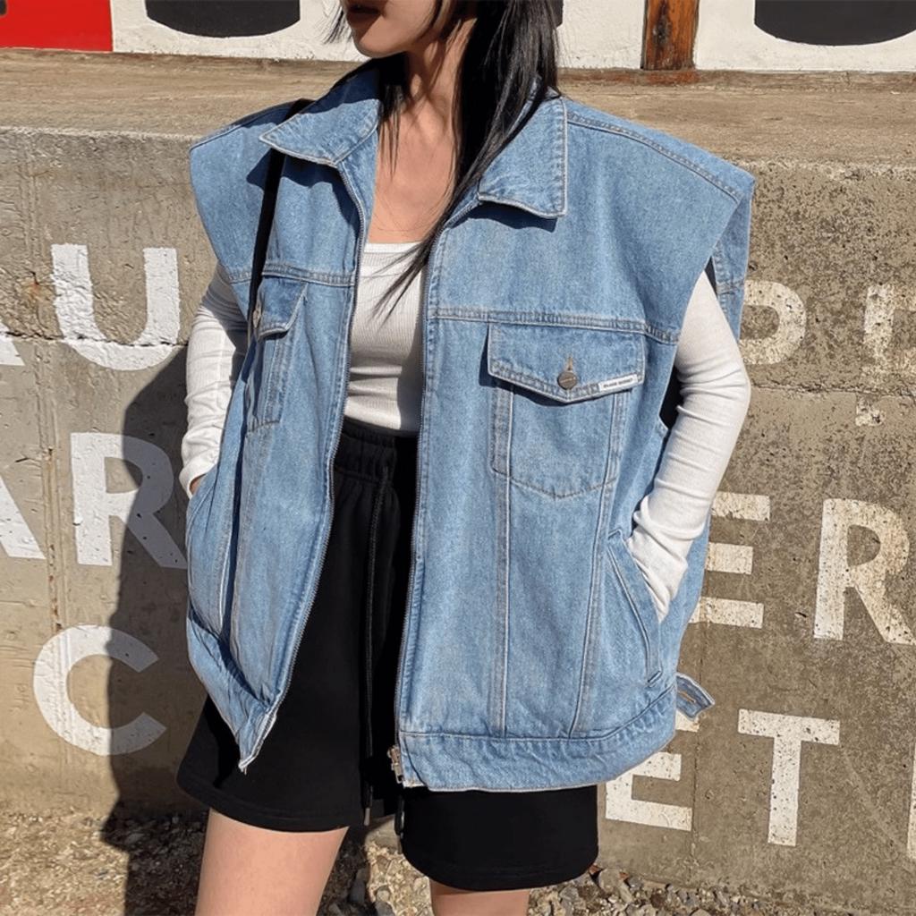 Kh9|Áo khoác jeans bò tanktop cá tính hàn quốc chất denim rộng túi hộp đi chơi, đi học gd_order