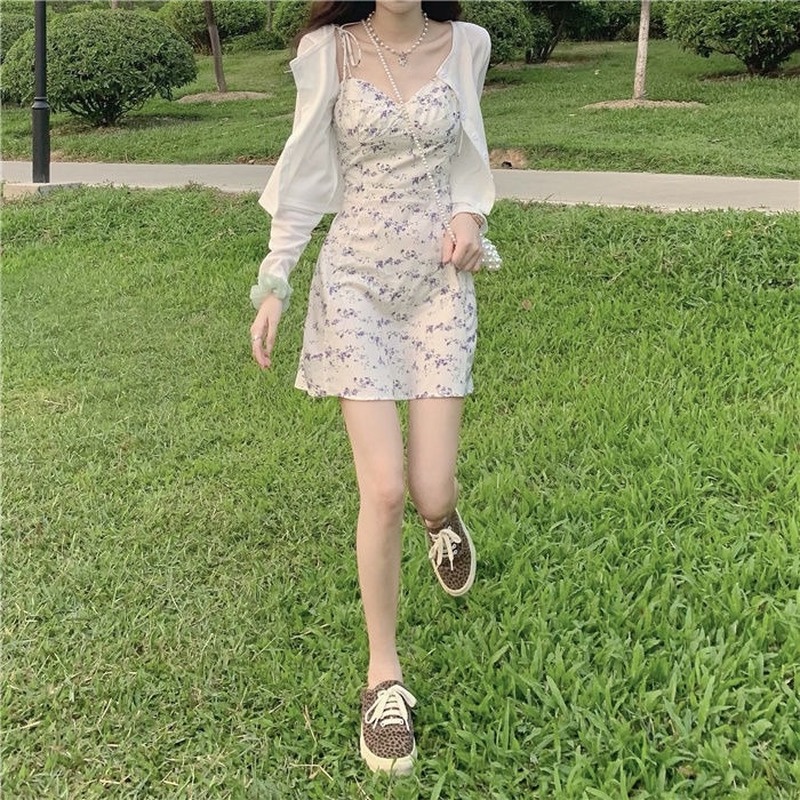 Đầm Hai Dây Họa Tiết Hoa Thời Trang Hàn Quốc Cho Nữ