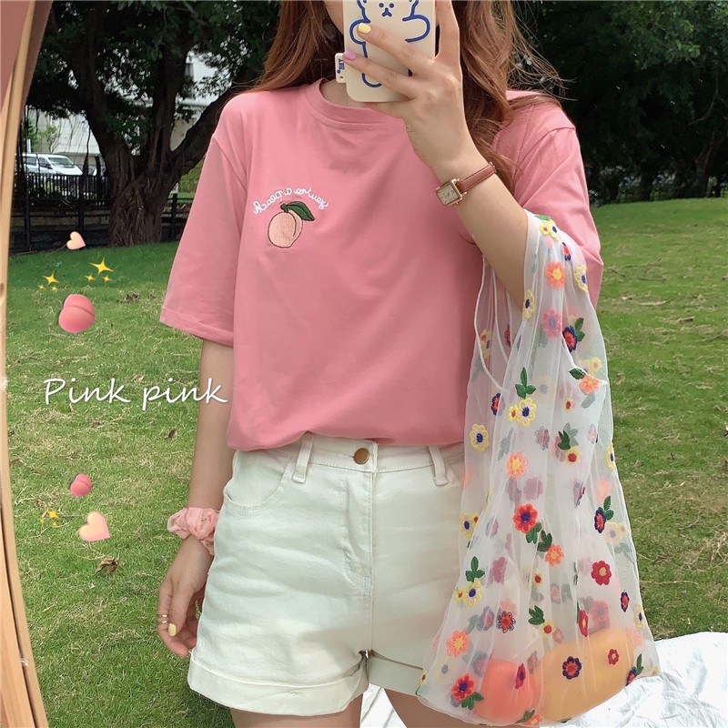 SUXI Áo Thun Tay Ngắn Dáng Rộng Màu Sắc Đơn Giản