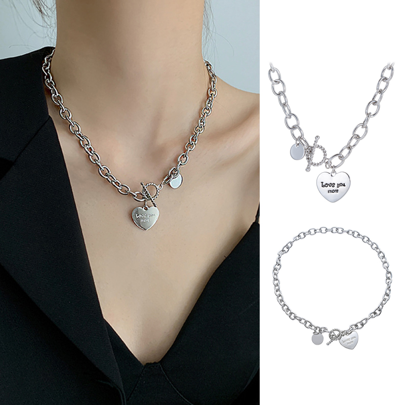 Dây chuyền/ vòng tay mạ bạc mặt trái tim khắc chữ thời trang dành cho nữ