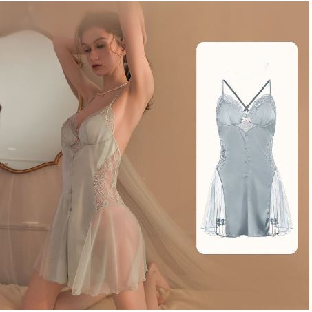 Váy ngủ 2 dây Embra khuy ren lưới cao cấp EBV29