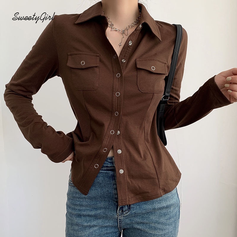 Áo Sơ Mi Tay Dài Cổ Chữ V Màu Trơn Cài Nút Thời Trang 2022 Quyến Rũ Cho Nữ