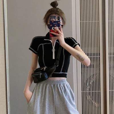 NRVP Áo cổ polo ngắn tay phối khóa kéo xinh xắn theo phong cách Hong Kong dành cho nữ 2020