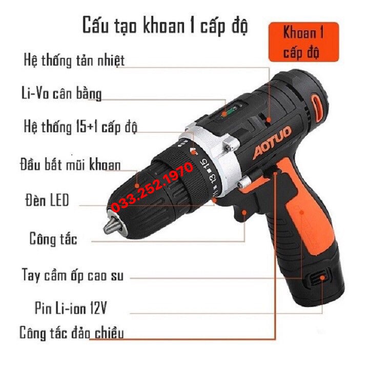 Khoan pin aotuo 12v- chế độ khoan đảo chiều-có điều tốc