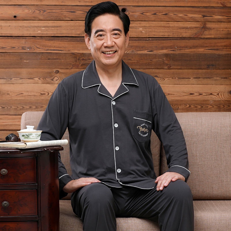 Đồ ngủ tay dài bằng cotton màu trơn phong cách thu đông cho nam trung niên