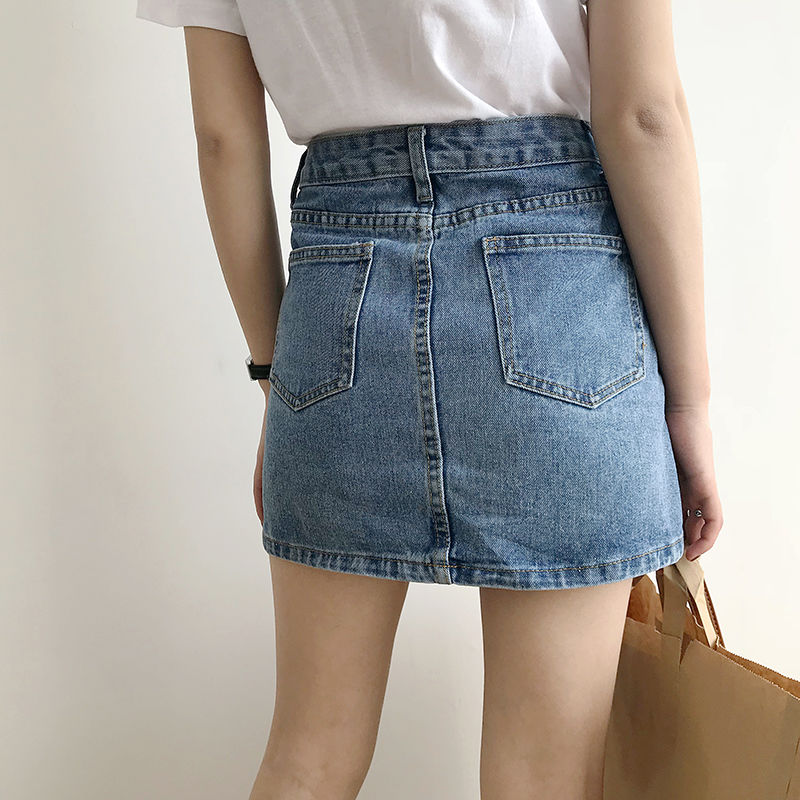 ins denim cotton skirt summer new Korean style high waist thin A-line bag hip skirt all-match fashion simple