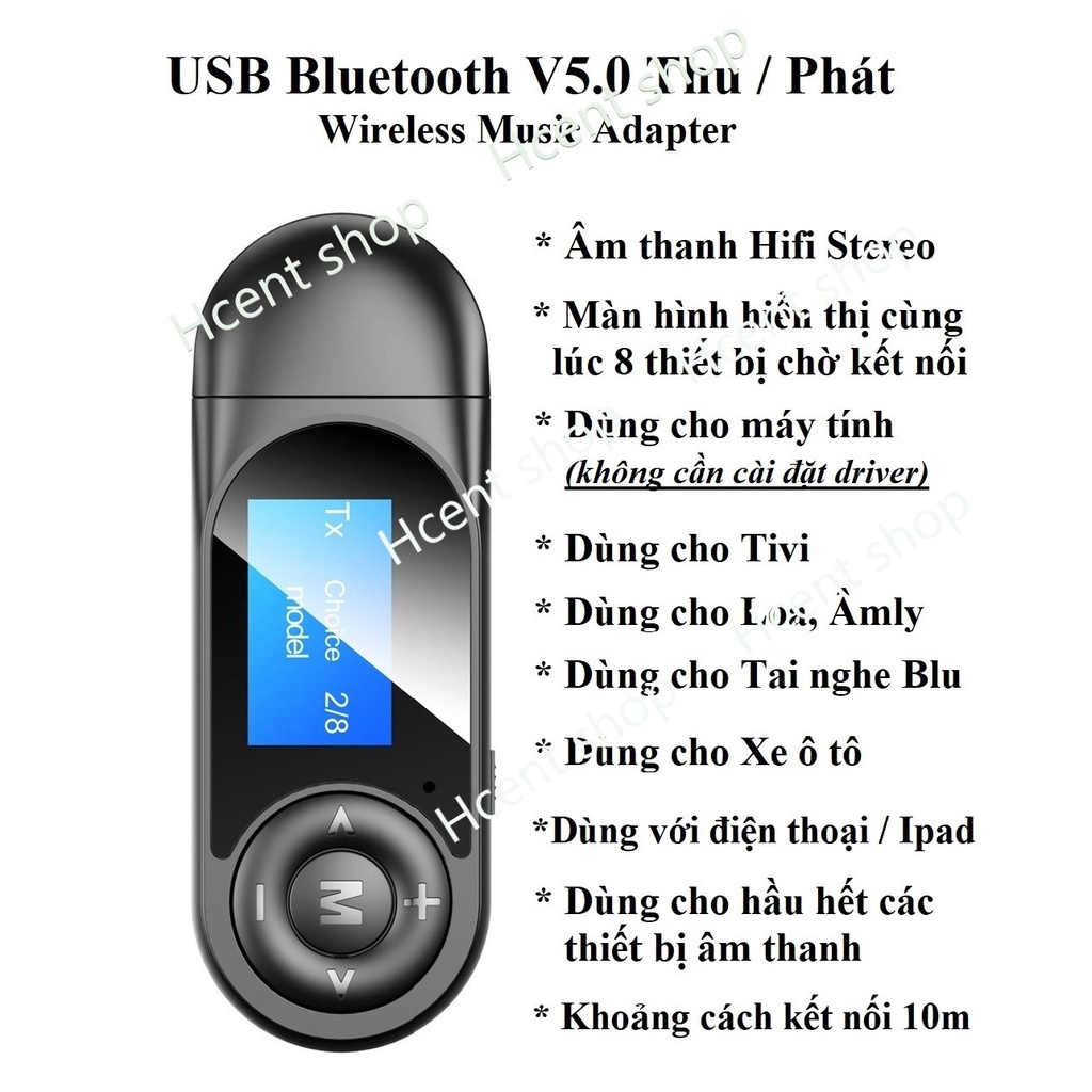 Usb Bluetooth 5.0 thu phát âm thanh Hifi Stereo có màn hình hiển thị cho Tivi, PC, Laptop, loa, âm ly, xe ô tô Jack3.5mm