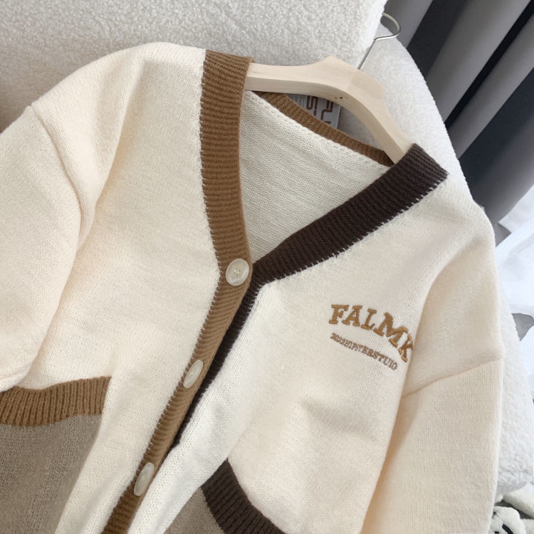 Áo Khoác Cardigan Dệt Kim Dáng Rộng Thêu Chữ Màu Sắc Tương Phản Thời Trang Thu Đông Cho Sinh Viên