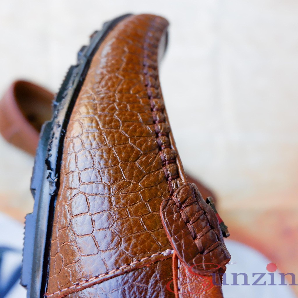 Gò vấp-Giày DA THẬT (dập vân cá sấu)  G2130 NÂU - Kiểu Giày lười thời trang nam (model 2018) Giày mọi