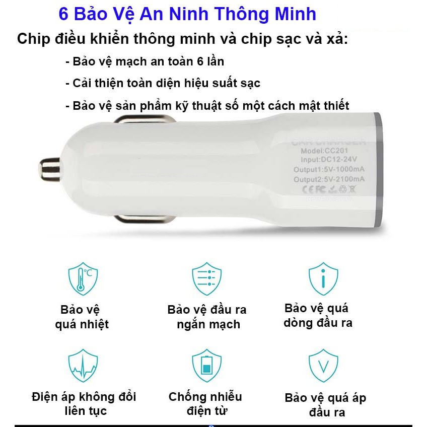 Tẩu Sạc Cho Xe Hơi Nhanh Với 2 Cổng USB 2.1A Và 1A - Củ Sạc Điện Thoại Cho Xe Hơi Chính Hãng Có Ảnh Thật