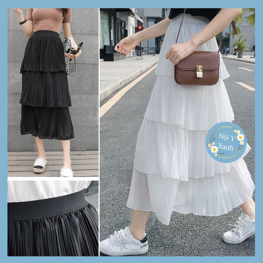 Chân váy voan tầng thời trang nữ 4 tầng nhún cao cấp chất siêu mát, co dãn, mầu đen trắng