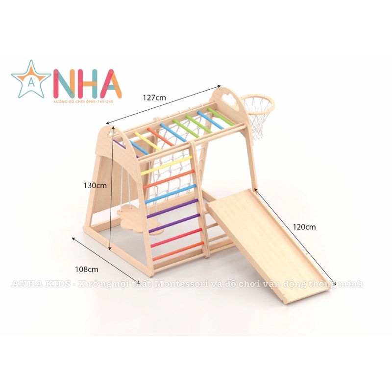Khu liên hoàn vận động đa năng cho bé, bộ vận động đa năng bóng rổ, leo núi, xích đu, xà đơn; tải trọng 90kg
