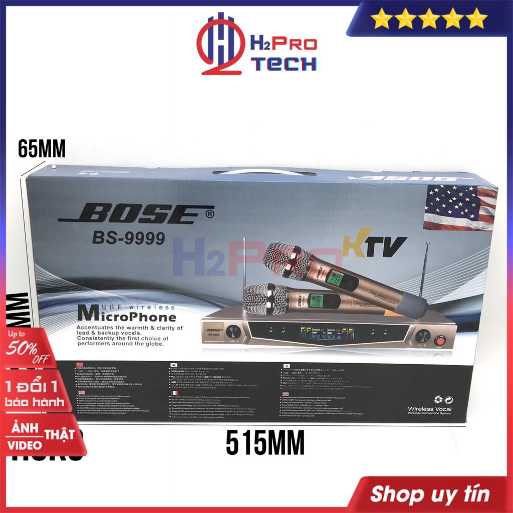 Bộ 2 Micro Không Dây, Micro Hát Karaoke BS-9999 Cao Cấp, Hút Âm Tốt, Chống Nhiễu, Giảm Hú (Tặng 2 Đôi Pin)-H2Pro Tech