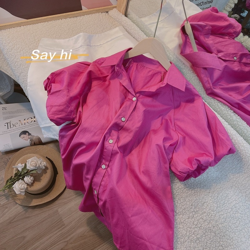 Set áo sơ mi hồng cánh sen tay bo  phồng ngắn kèm quần short giả váy trắng