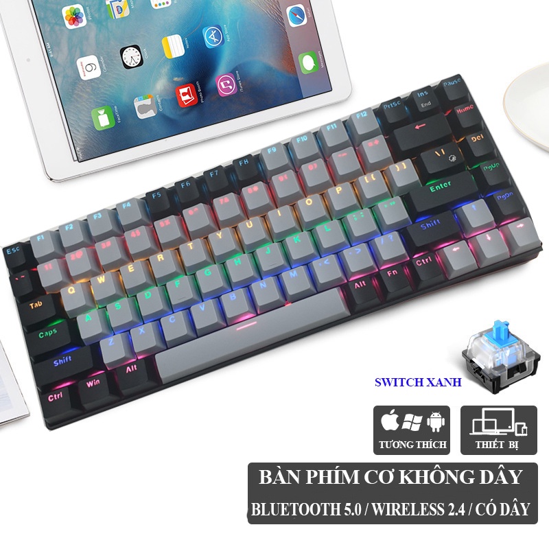 Bàn Phím Cơ Không Dây Bluetooth RF84 Led RGB Blue Switch  84 Phím Laptop Tablet Android IOS