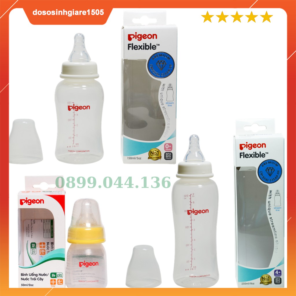 Bình sữa Pigeon PP Streamline cổ hẹp 150ML - 250ML và bình nước Pigeon 50ML