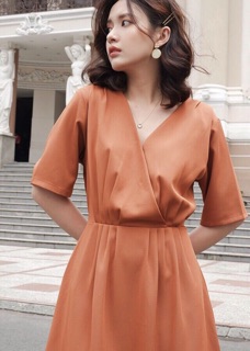 Đầm cam xếp li eo, váy dạo phố vnxk (kèm hình thật)