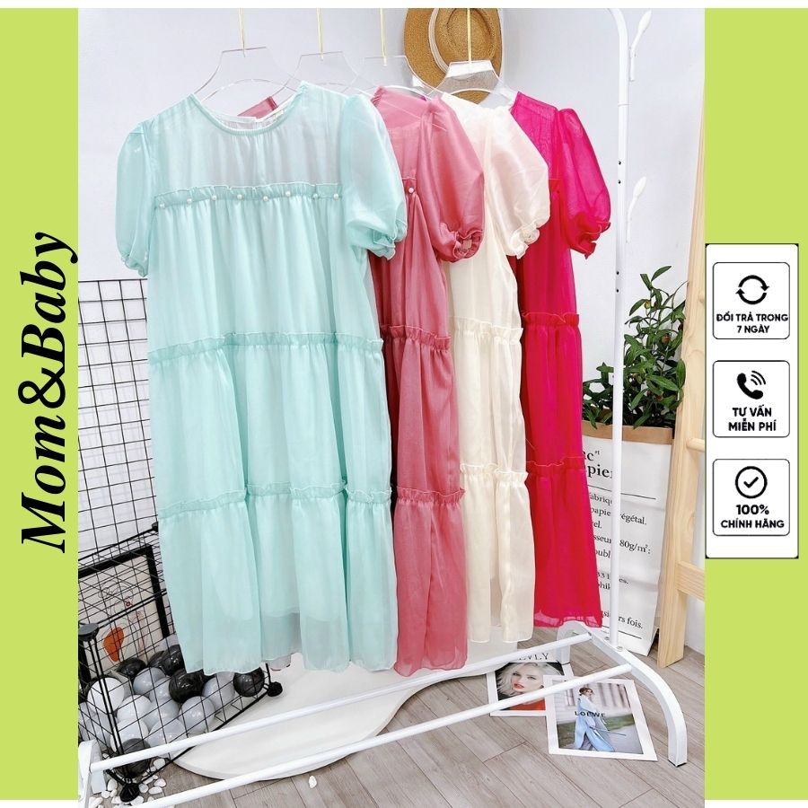 Váy bầu xếp tầng thời trang thiết kế M574 vải tơ óng xinh xắn mặc đi chơi dự tiệc Mom and Baby