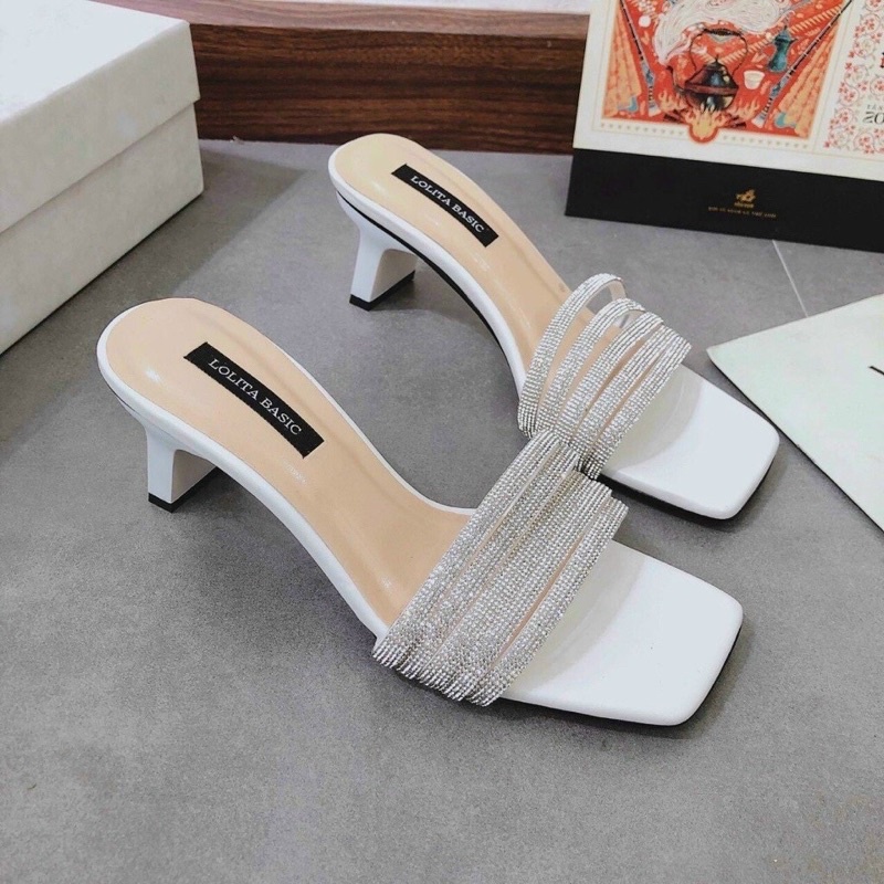 Guốc thời trang quai ngang đính đá, gót trụ 5-7cm