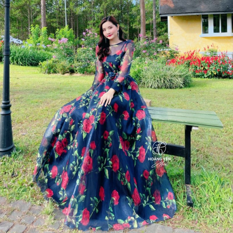 Váy hoa tay dài - Hoàng Yến maxi - chất voan organza ánh nhẹ cao cấp