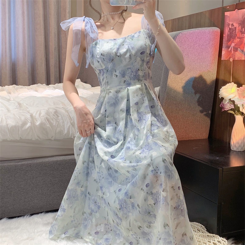 Đầm Lửng Hai Dây Ôm Eo In Họa Tiết Hoa Sơn Dầu Phong Cách Pháp Hàng Mới Thời Trang Mùa Hè Dành Cho Bạn Nữ