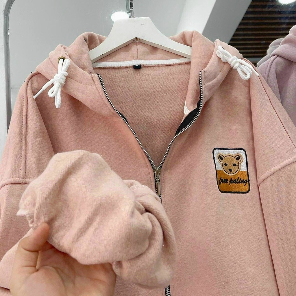 Áo Khoác Nữ Chống Nắng Có Nón Mũ 2 Lớp Thêu Gấu Vải Nỉ - Hoodie Unisex Kiểu Khóa Kéo Zip Thu Đông HOT-TREND ĐẸP