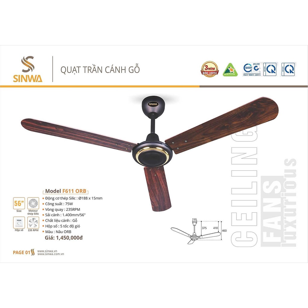 Quạt trần 3 cánh gỗ SINWA F611-ORB