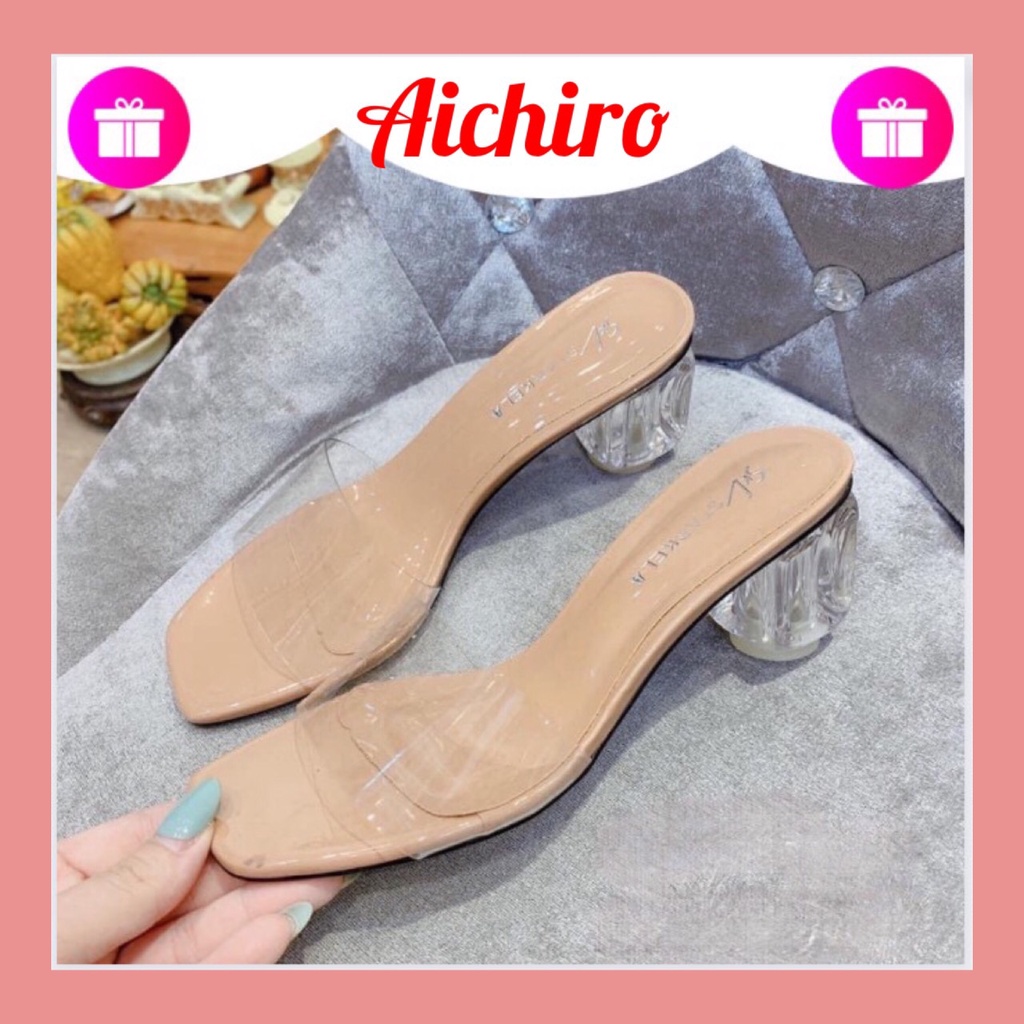Guốc (dép) nữ cao gót mũi nhọn quai ngang mica mềm trong suốt gót trụ cao 5p
