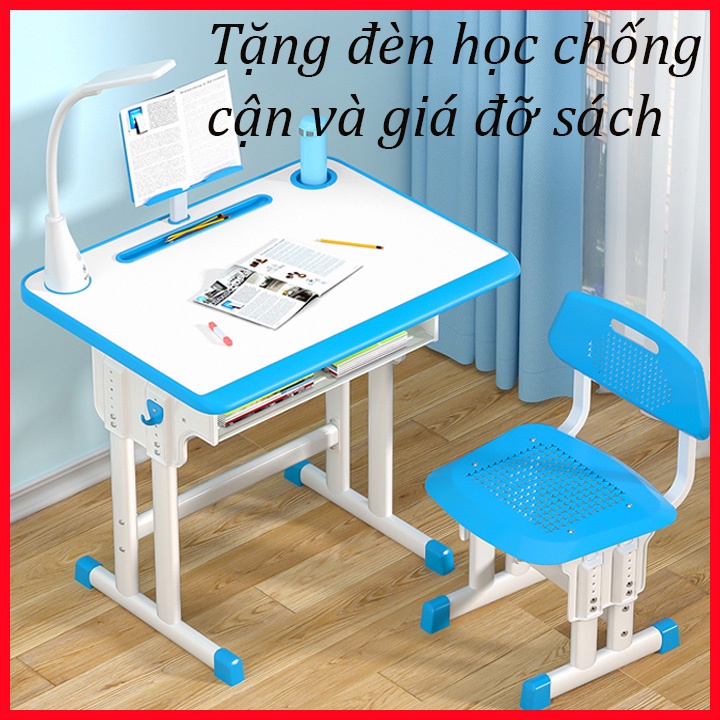 Bộ bàn học cho bé trai bé gái chống gù chống cận - Tặng đèn led và giá đỡ sách - mặt gỗ khung thép tăng giảm chiều cao