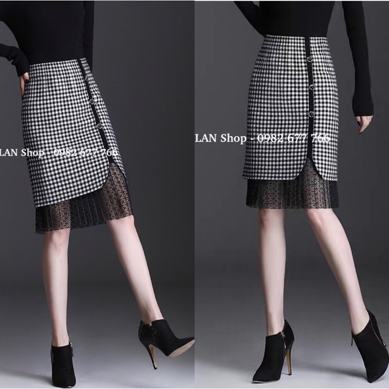 Chân váy len phối ren đính khuy hoa trà sang chảnh | BigBuy360 - bigbuy360.vn