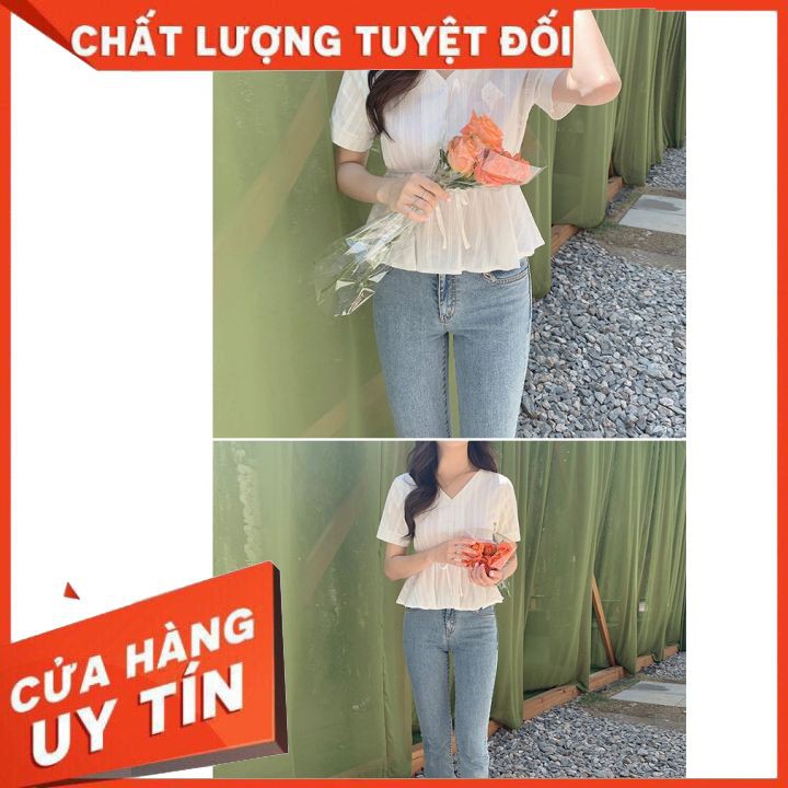 Áo sơmi kiểu nữ Hàn Quốc hot nhất 2021 cổ chữ v tay ngắn thắt lưng trên