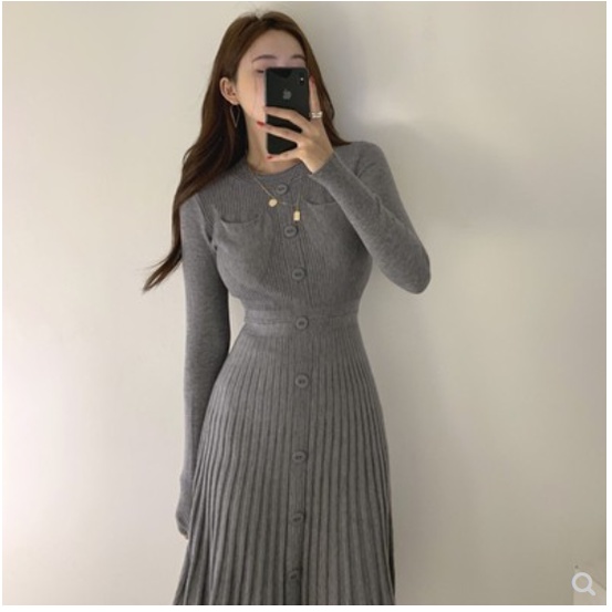 Váy len dệt kim xếp ly dài tay nữ dáng dài phong cách Hàn Quốc 2021(ORDER) | BigBuy360 - bigbuy360.vn