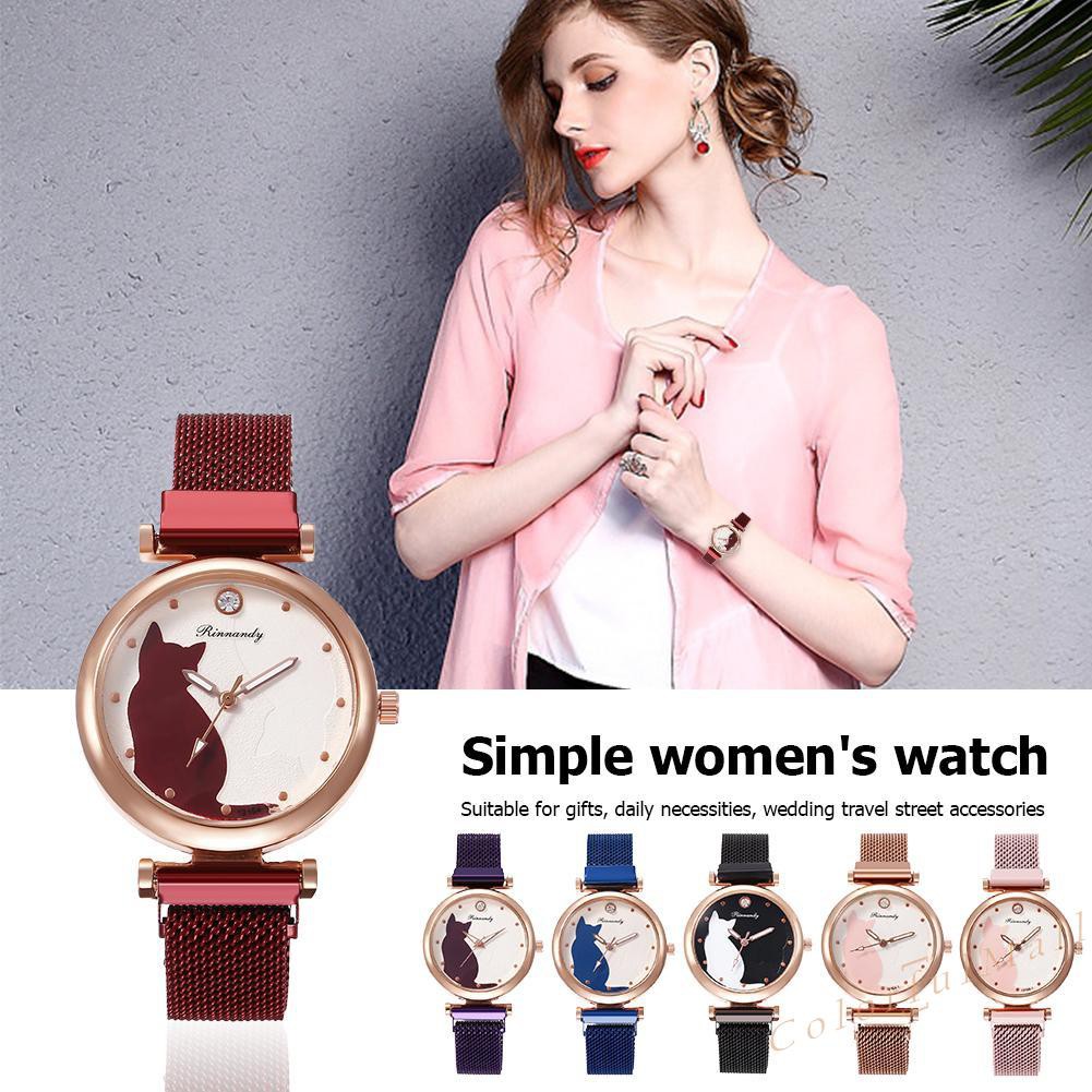 Women Fashion Mesh Band Watches Magnet Buckle Cartoon Cat Dial Wristwatch