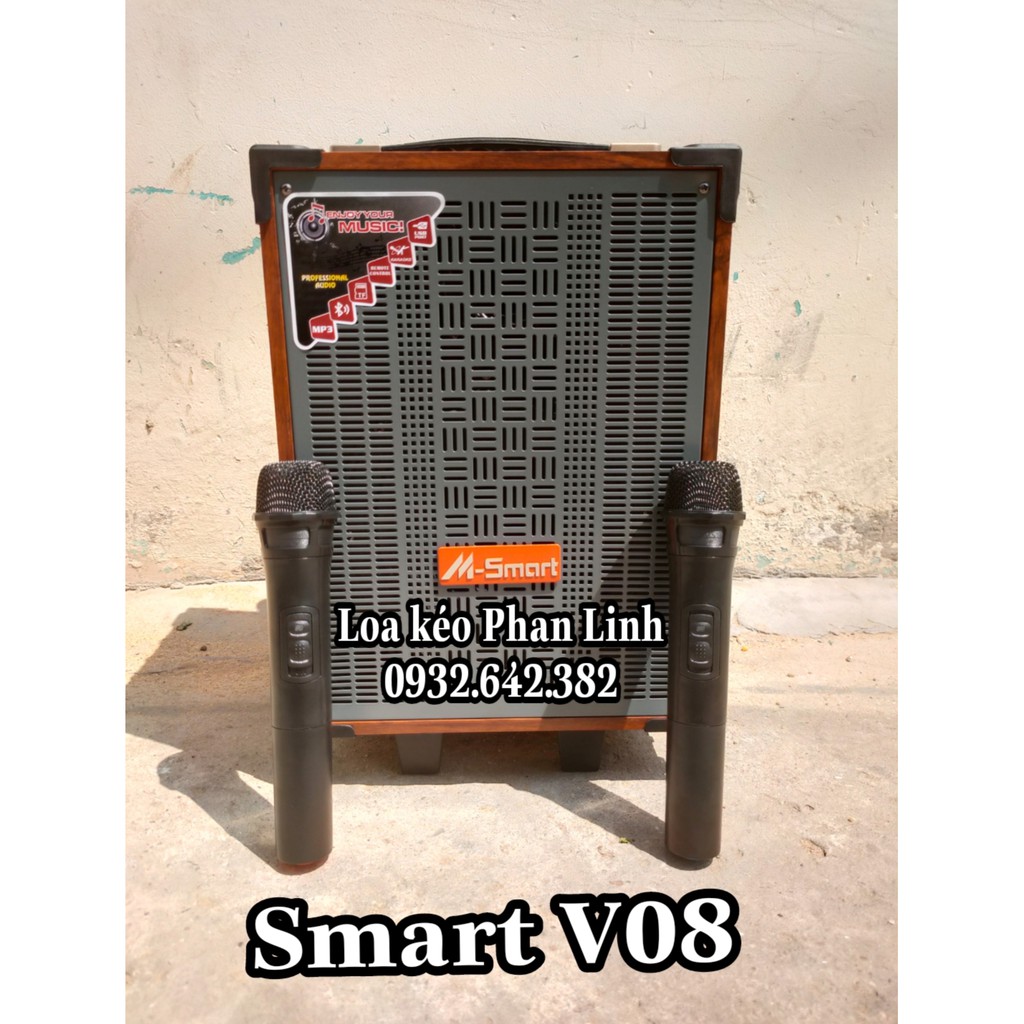 Loa kéo di động Smart V08 bass 2 tất kèm 2 micro không dây hiệu ứng live