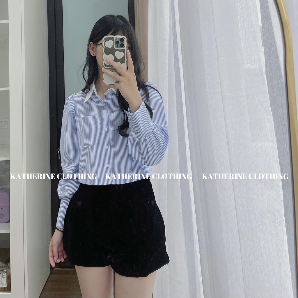 Áo sơ mi nữ kẻ xanh phối cổ trắng, áo sơ mi croptop dáng lửng phong cách trẻ trung, Hàn Quốc - Katherine Clothing