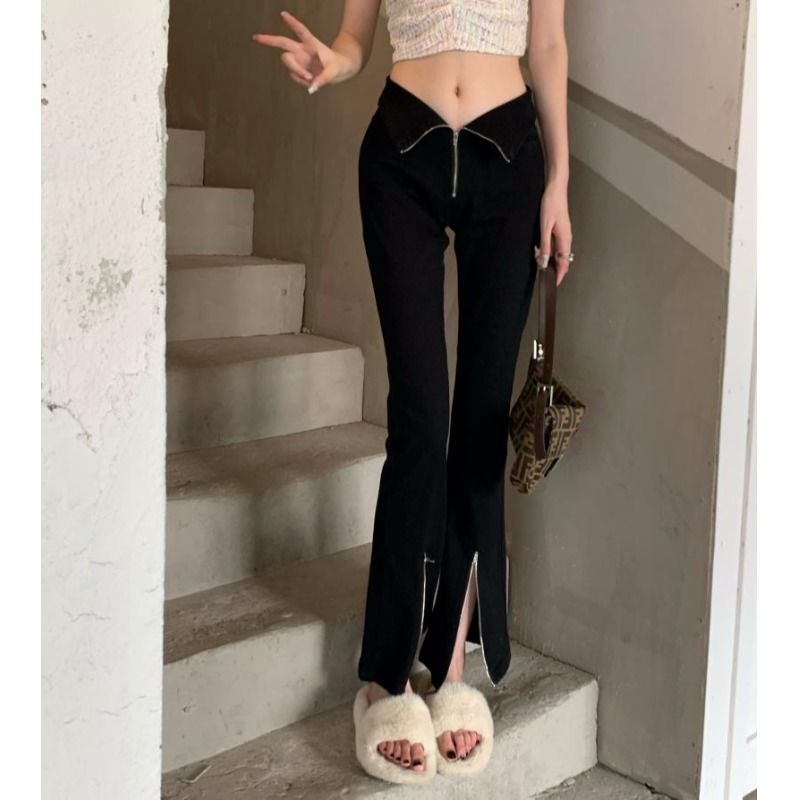 Jiashucheng Quần Jean Ống Loe Lưng Cao Phối Khóa Kéo Xẻ Tà Màu Đen Thời Trang Mùa Hè Cho Nữ