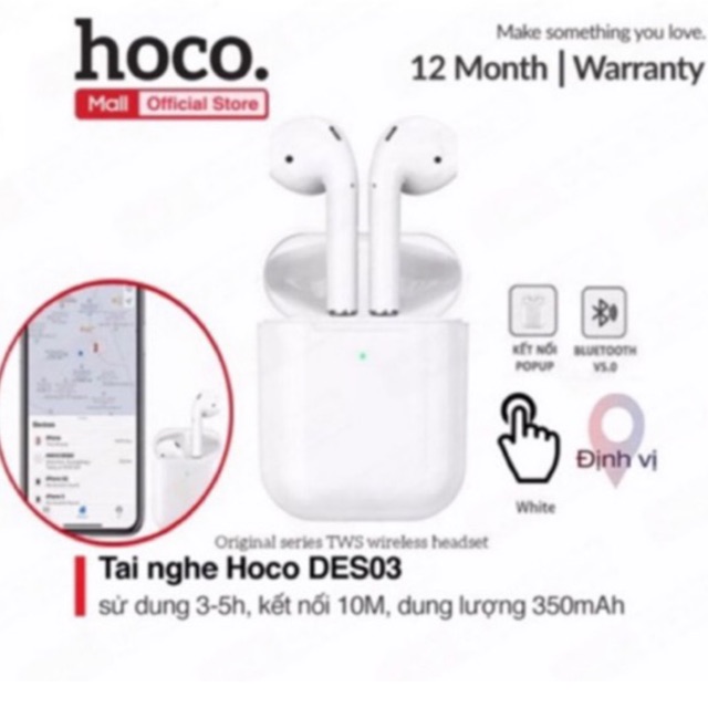 Tai nghe Bluetooth TWS Wireless Hoco DES03, định vị, đổi tên thiết bị, dung lượng 350mAh, bluetooth 5.0