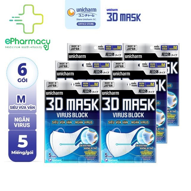 Khẩu trang 3D Mask ngăn vi khuẩn - Unicharm 3D Mask Virus Block Combo 6 gói