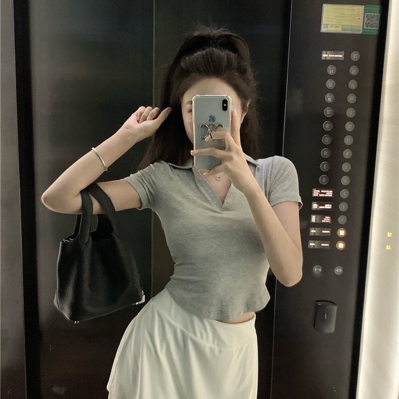 Áo croptop polo bo eo vạt bầu tay cộc Michi siêu tôn dáng, áo cổ Đức vạt bầu chất thun lạnh