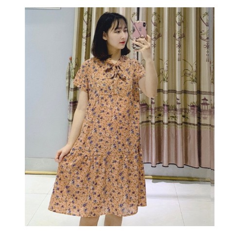 🌸 Đầm Bầu Váy Bầu Chất Hoa Lụa Có Nơ Cổ, 🌸 Freesize từ 45 đến 70Kg