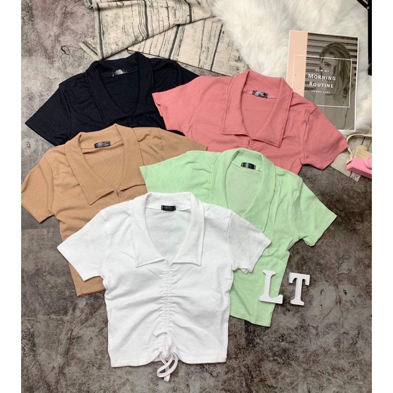 Áo thun Croptop cổ sơ mi dây rút