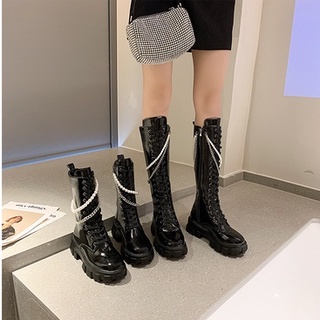 Boots cao cổ nữ kèm xích da bóng